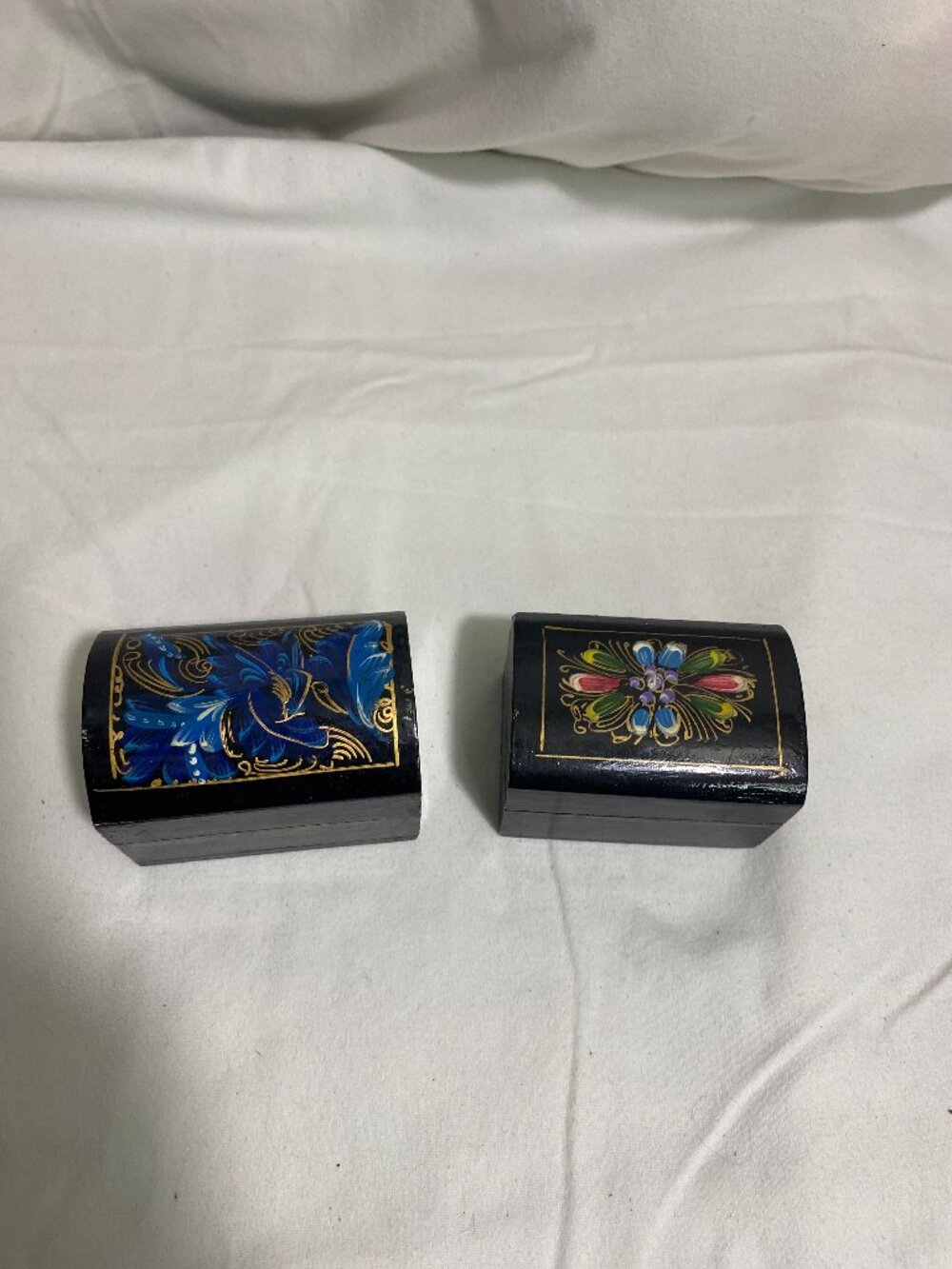 Set of 2 Hand Painted Wooden Trinket Boxes Black Floral Folk Art Jewelry